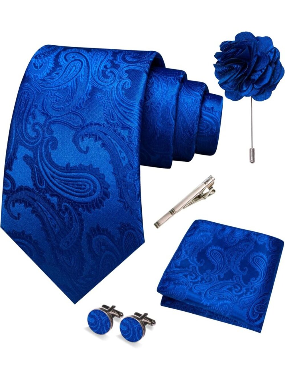Stylish Men's Paisley Tie Set with Pocket Square, Cufflinks, Lapel Pin & Tie